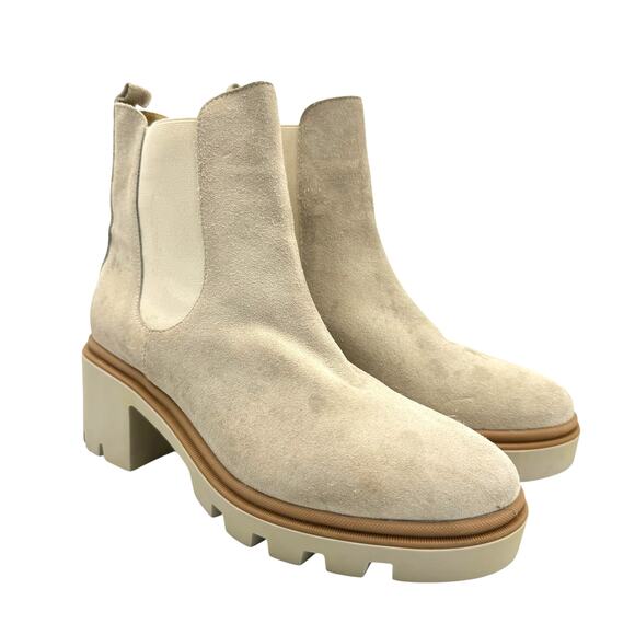 Antonio de Faria Neutral Cream Suede Leather Chunky Lug Pull On Chelsea Boots - Picture 3 of 12